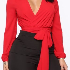 Red wrap around blouse